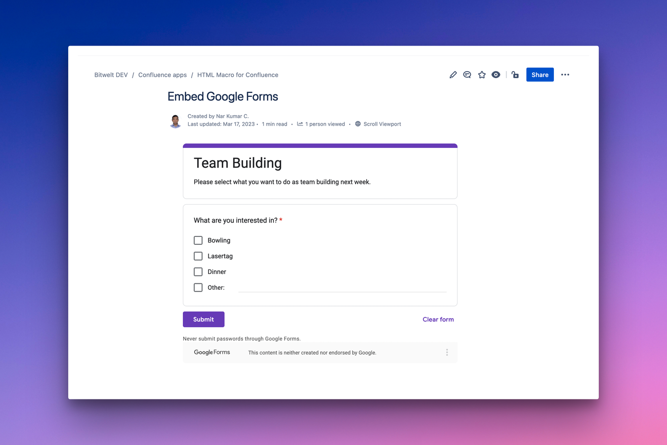 Example Google Form embed