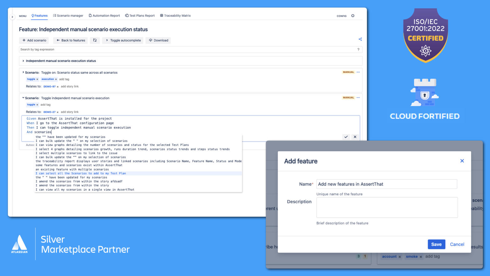 Streamline your BDD workflow in Jira with AssertThat: Effortlessly add, organize, and manage scenarios using Step Autocomplete and tags, and update in bulk with Scenario Manager