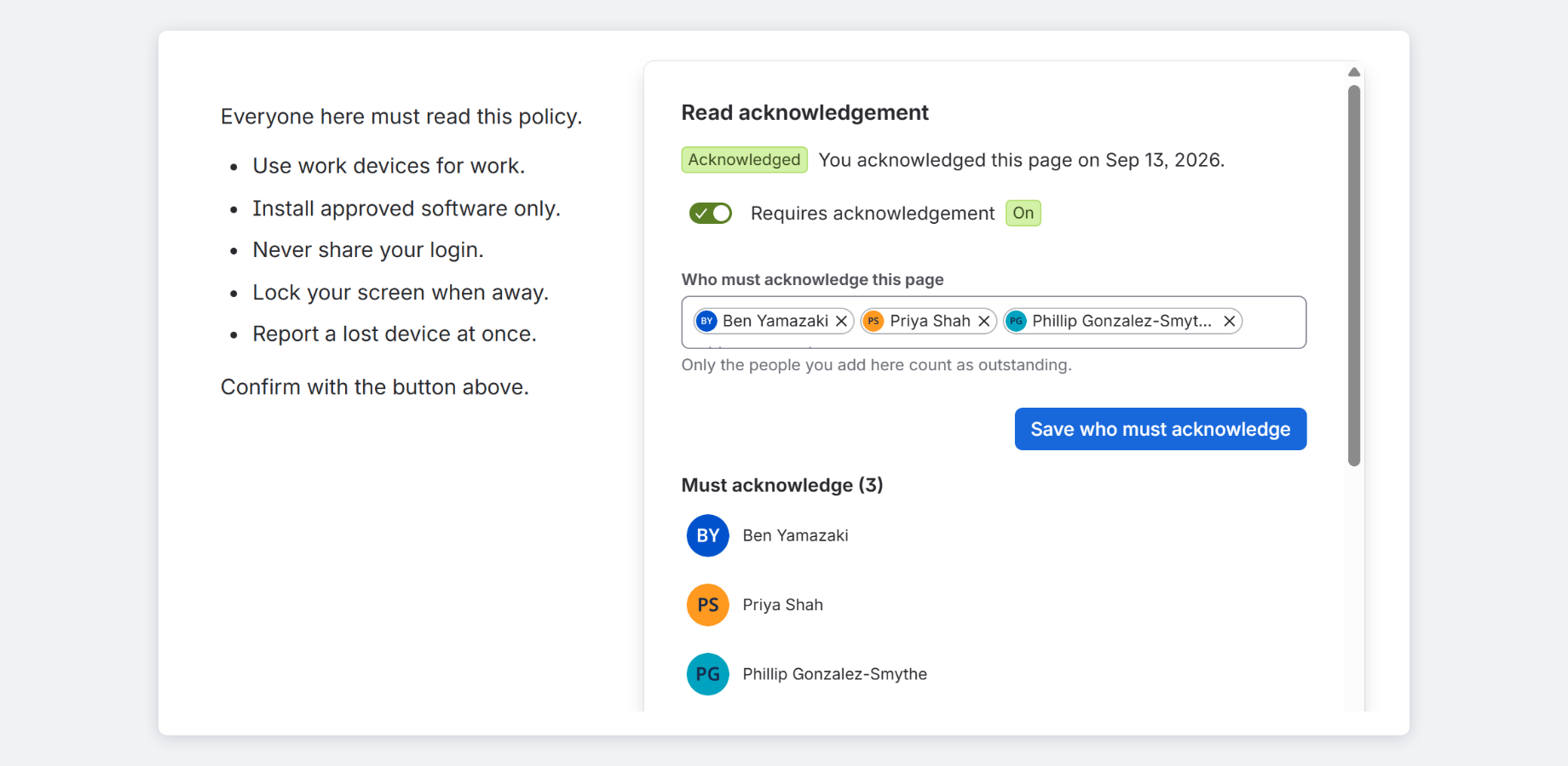 Require read acknowledgement on any page and choose who must read it.