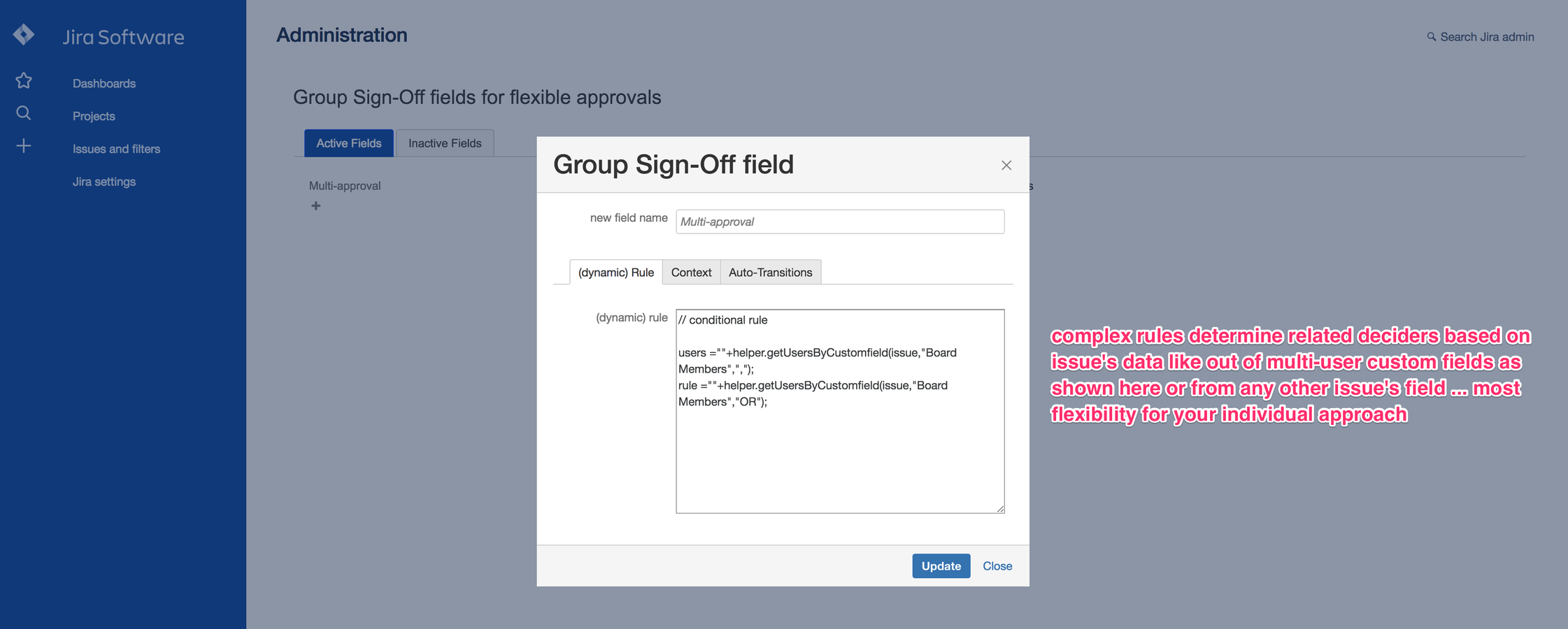 Configure rules based on your needs: you have a lot of possibilities and powerful functions to access all data from the underlying issue and use them for conditions etc.