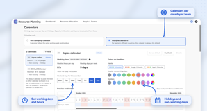 Multiple calendars with working time, holidays and timeline colors