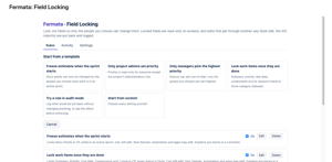 Start from a template: freeze estimates at sprint start, admins-only priority, managers-only Highest, lock once Done, or an audit-only trial.