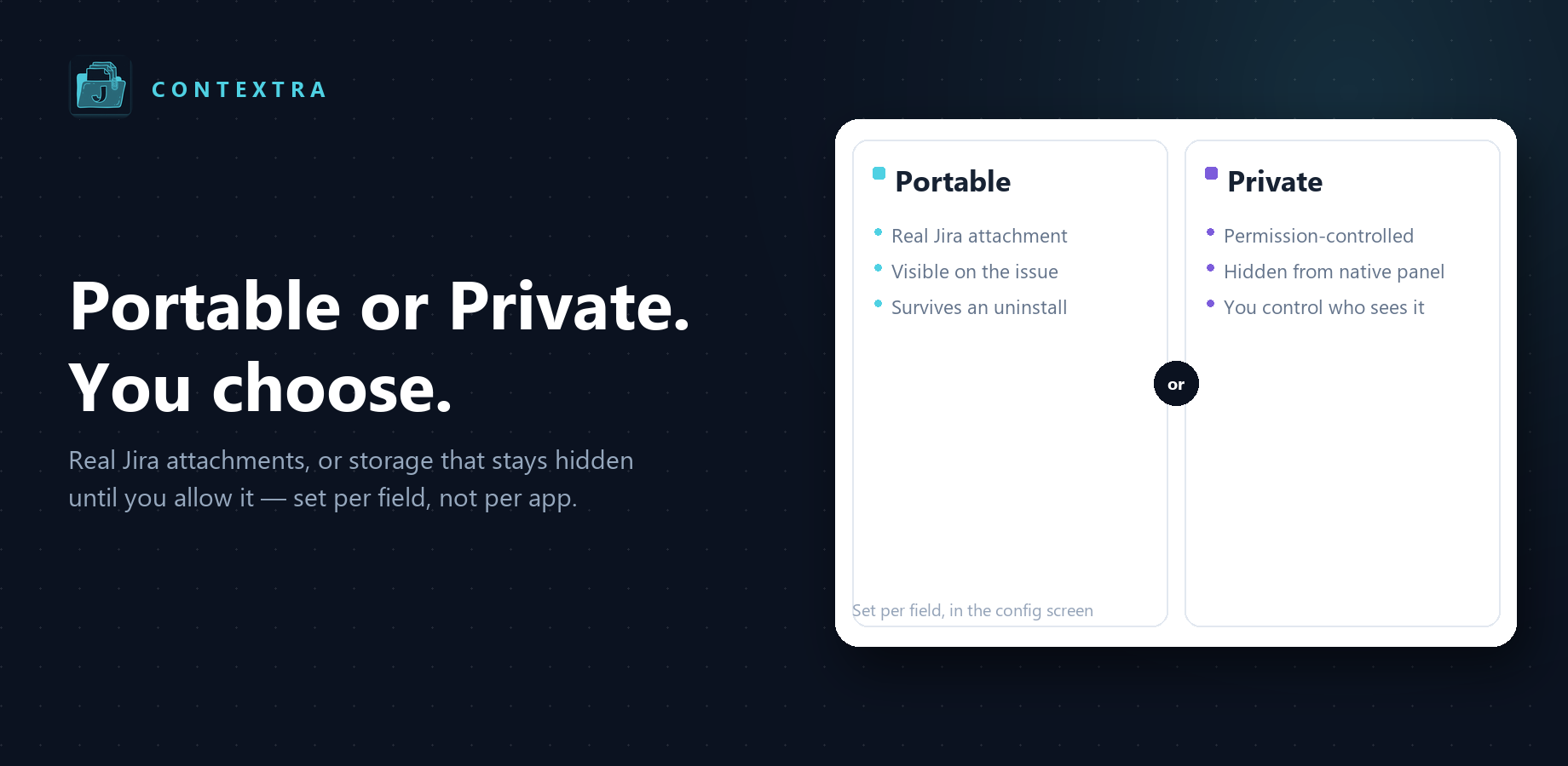 The field's config screen: pick Portable or Private, then set the min/max file count and size limits for that field.