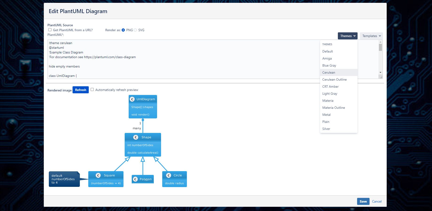The app makes adding the PlantUML themes simple - just click on the theme and it's applied. Custom PlantUML themes are supported.
