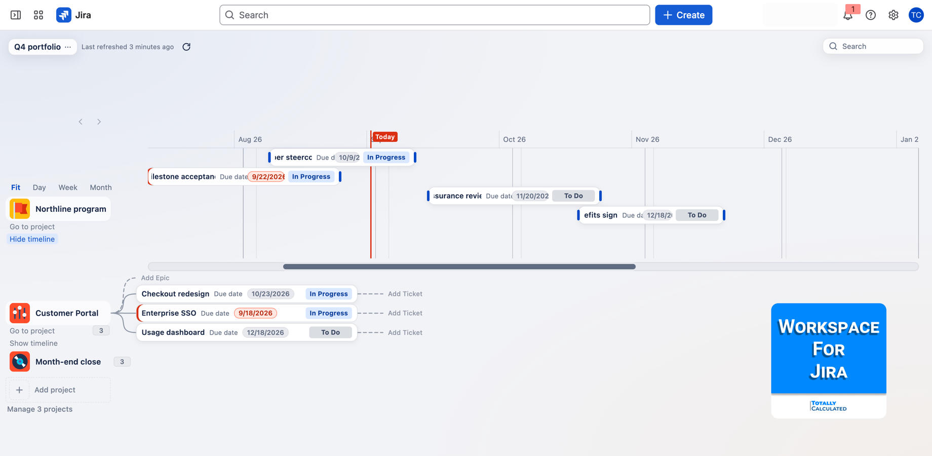 One project opens as a timeline on the same screen. Drag the solid start and due handles to move dates, with the rest of the map still beside it.