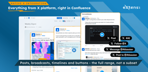 Posts, a timeline, video and X buttons on one Confluence page. Ten supported types: five embeds and five action buttons.