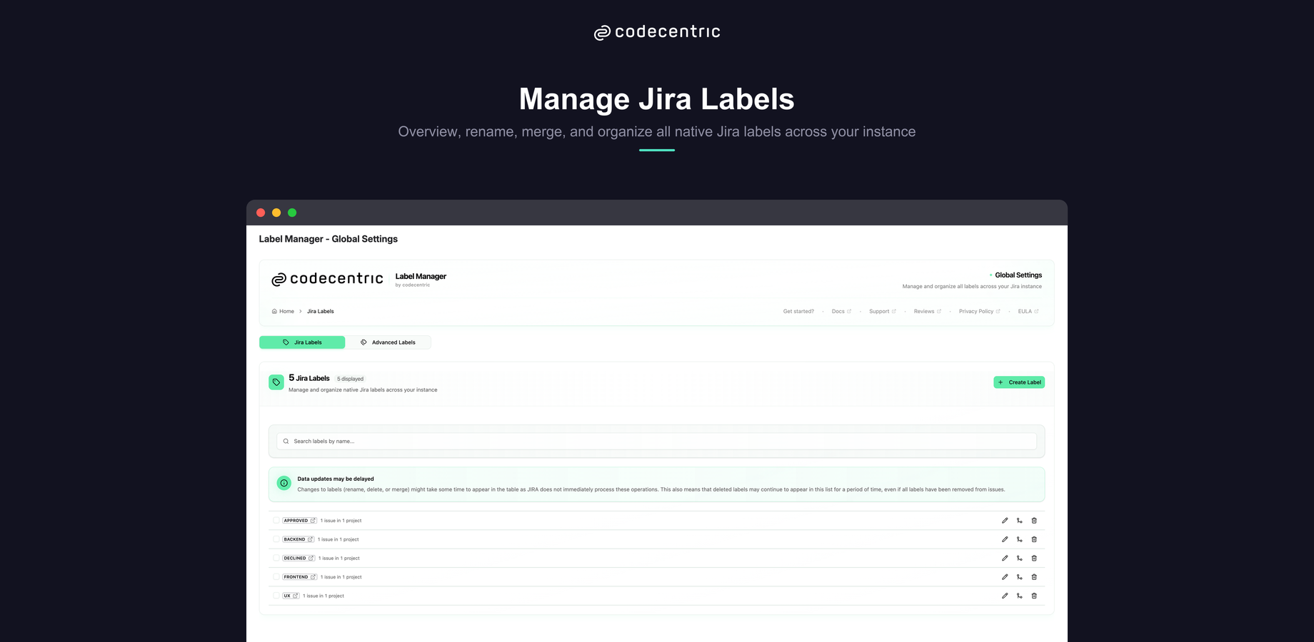 Get a complete overview of all native Jira labels across your instance. Rename, merge, or delete labels in bulk — changes apply globally, keeping your label taxonomy clean and consistent.