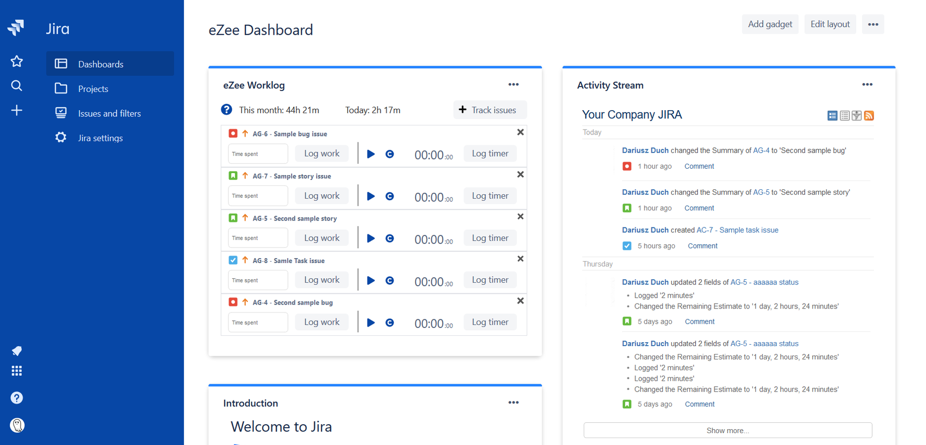 Worklog management on a single gadget