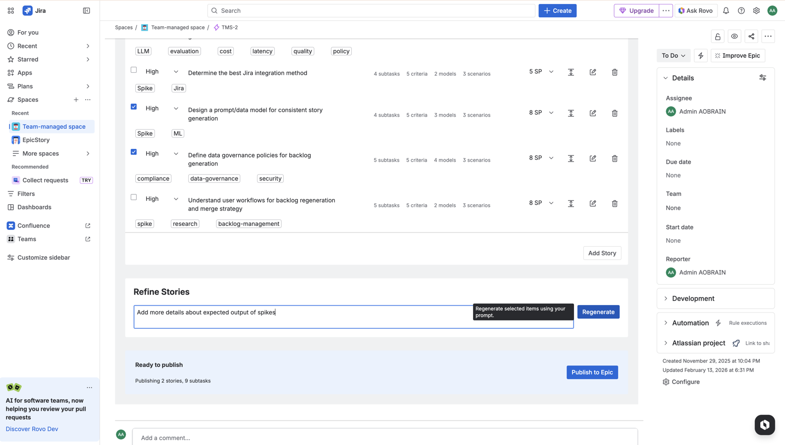 The refine flow applies prompt changes only to selected backlog items, preserving approved work in the rest of the draft