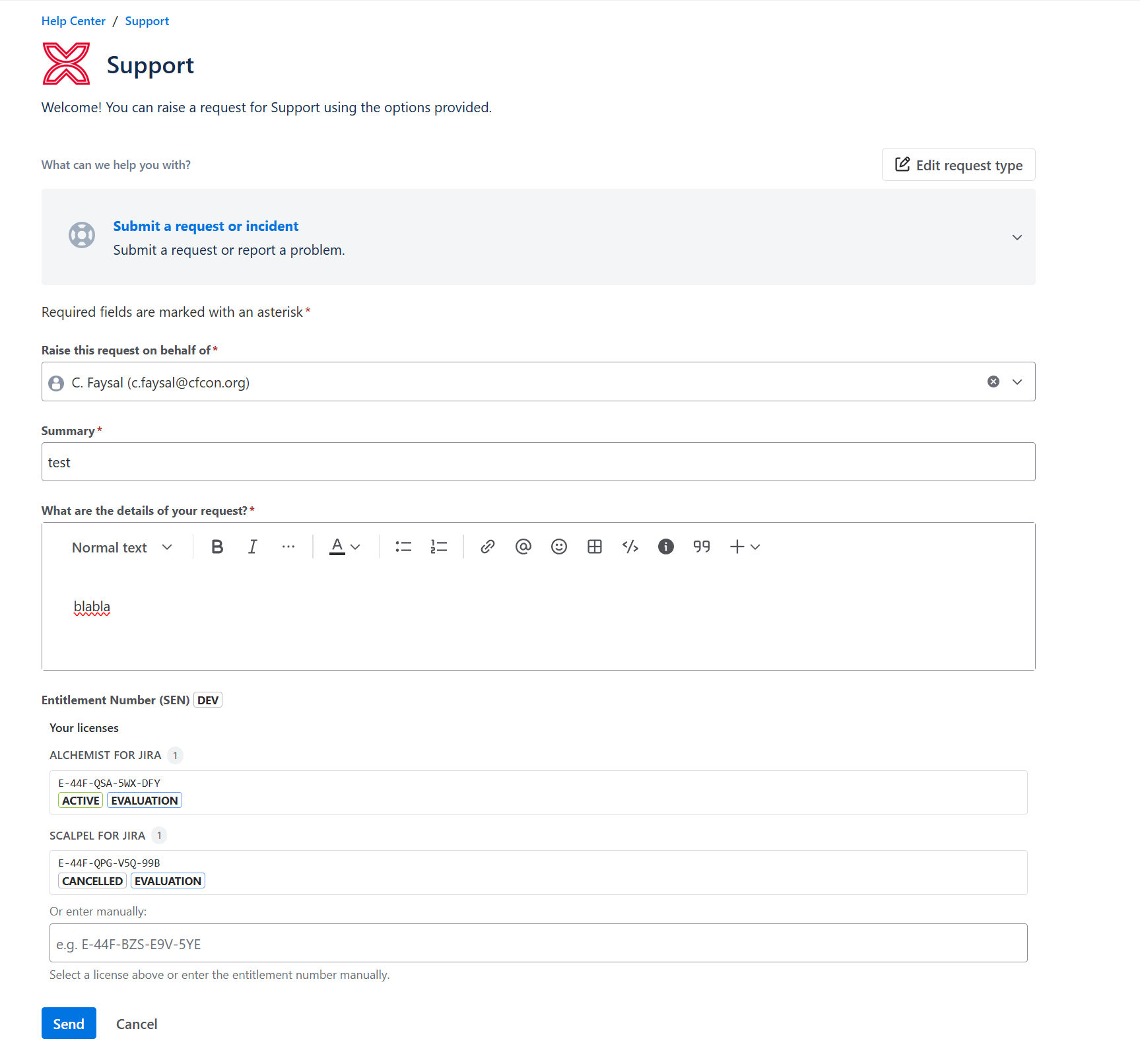 The JSM customer portal request form with an Entitlement Number field listing the customer's active Marketplace licenses ready to pick with one click.