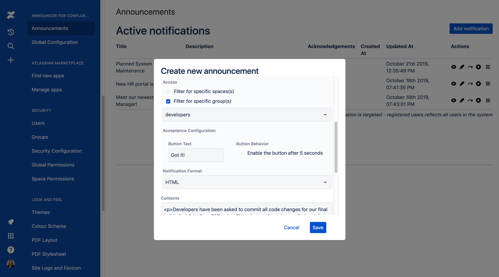 Target specific Confluence spaces or groups