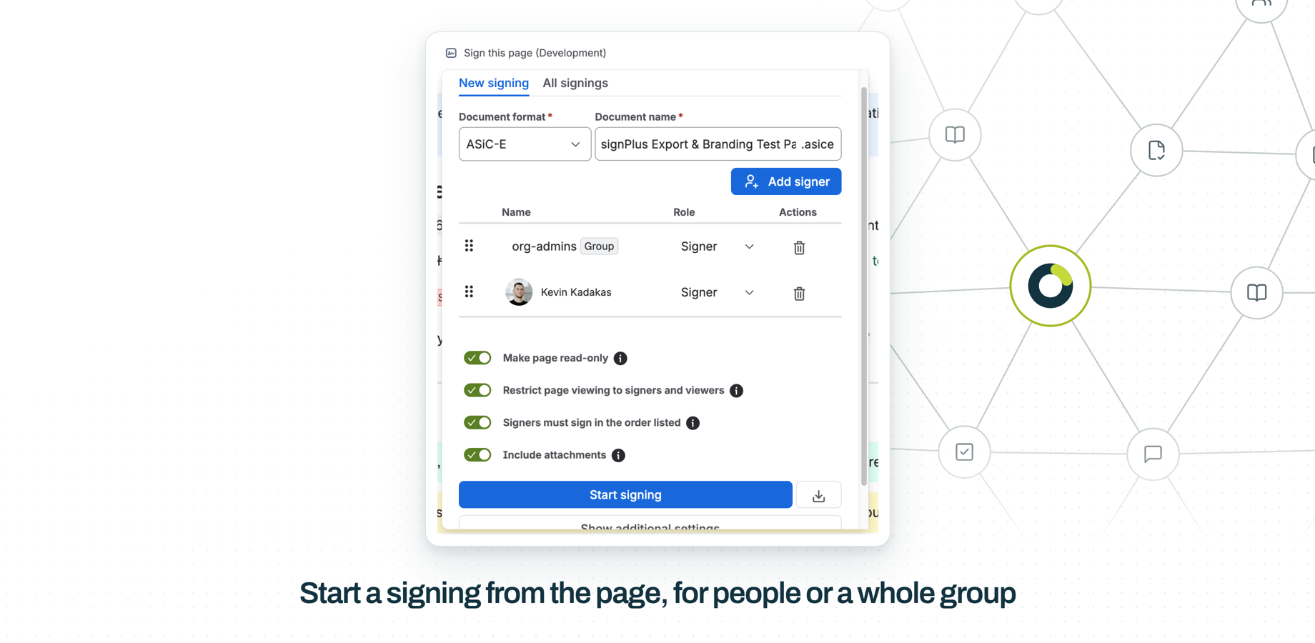 The signing panel under the page title: an ASiC-E document with a Confluence group and a person as signers, and switches to make the page read-only, restrict viewing, set the signing order and include attachments.