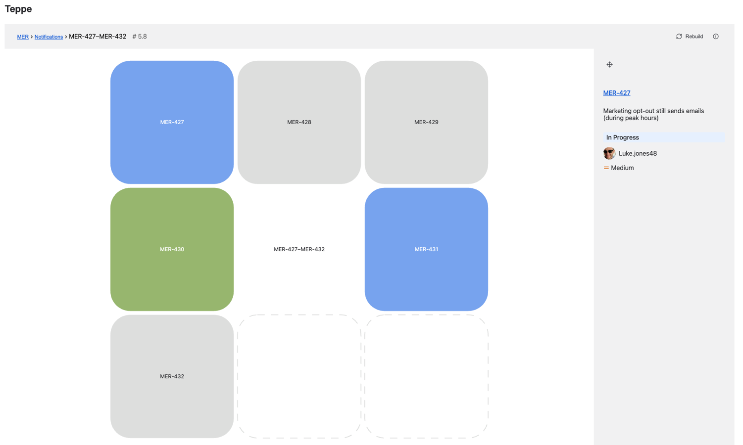 Drilling into one branch of the backlog grid. Each cell is a group of issues you can zoom into, keeping the full backlog in view as context.