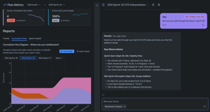 AI-powered sprint analysis breaks down CFD data into clear insights. Automatically identifies healthy flow periods, pinpoints disruptions, and explains what happened - turning complex metrics into actionable advice.