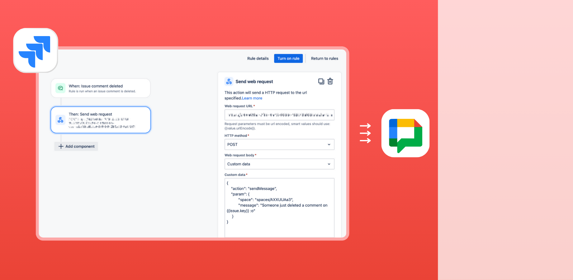 Create custom notification workflows with Jira Automations sending messages to Google Chat / Hangouts Chat