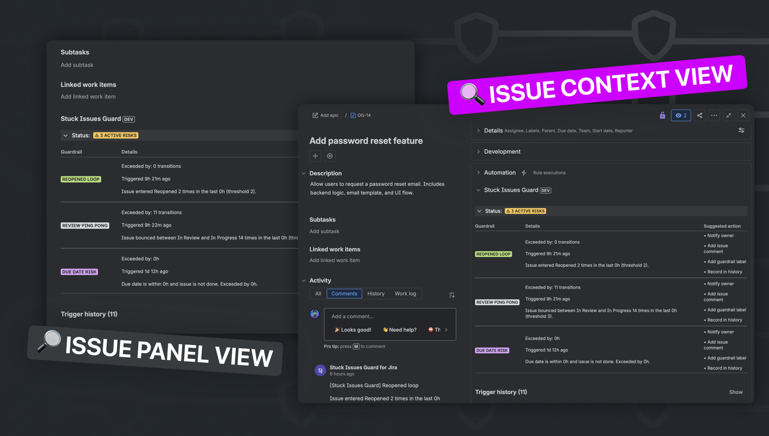 Automatically add Jira comments and send notifications when issues stay stuck or blocked beyond thresholds, keeping assignees and project leads informed in real time