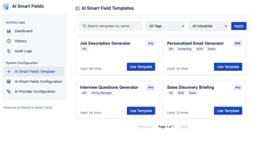 The "AI Smart Field Templates" library allows users to browse, filter, and instantly deploy pre-built prompts for various use cases.