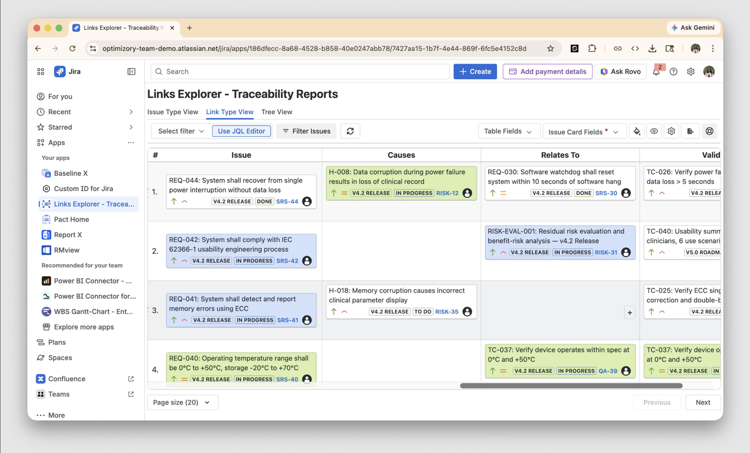 Links Explorer Traceability Report view showing a full requirement-to-test chain filtered by a JQL scope, with coverage status and export controls visible.