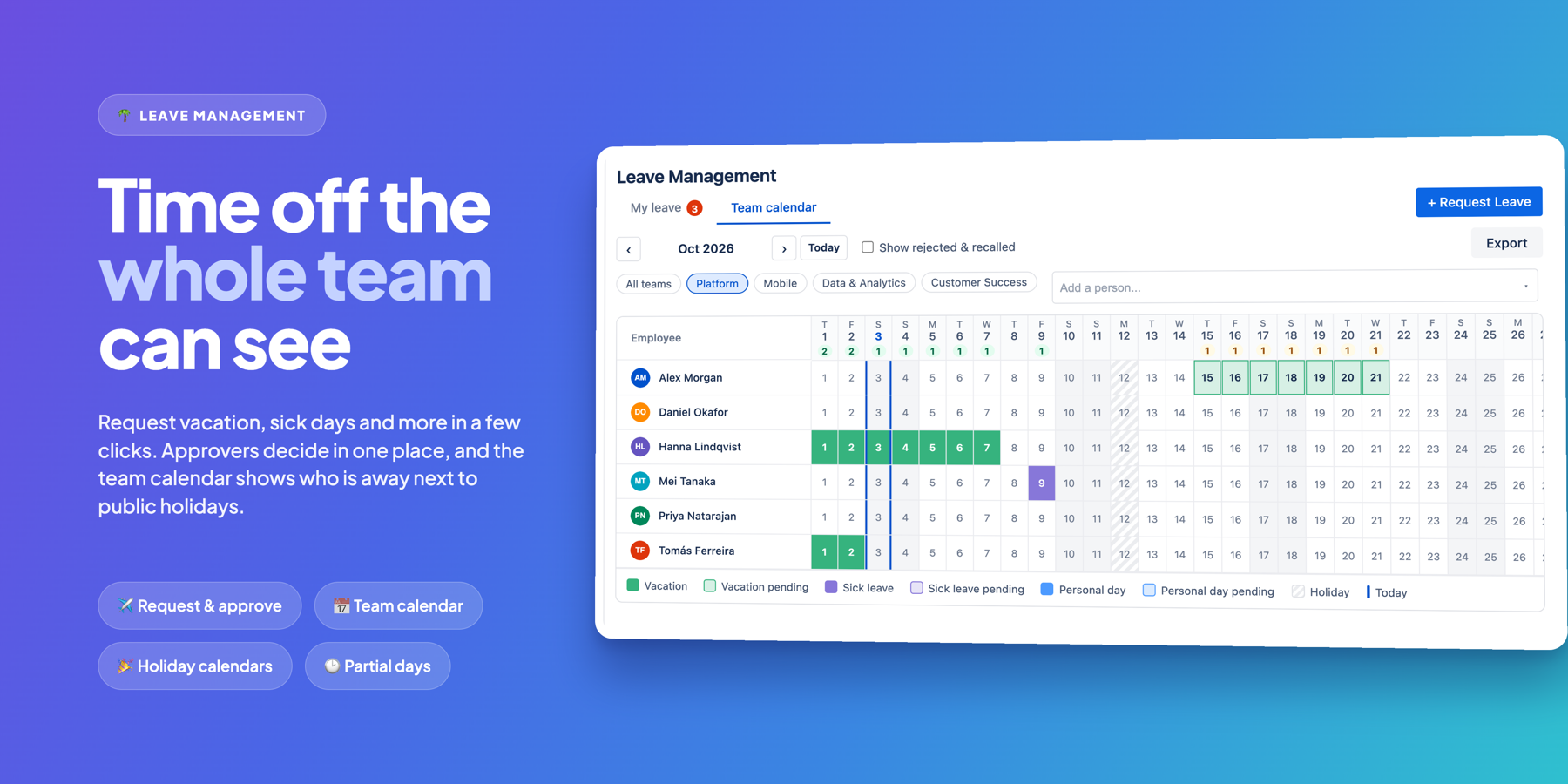 Team calendar for October: approved and pending leave per person, daily absence counts, a holiday column and the legend of leave types.