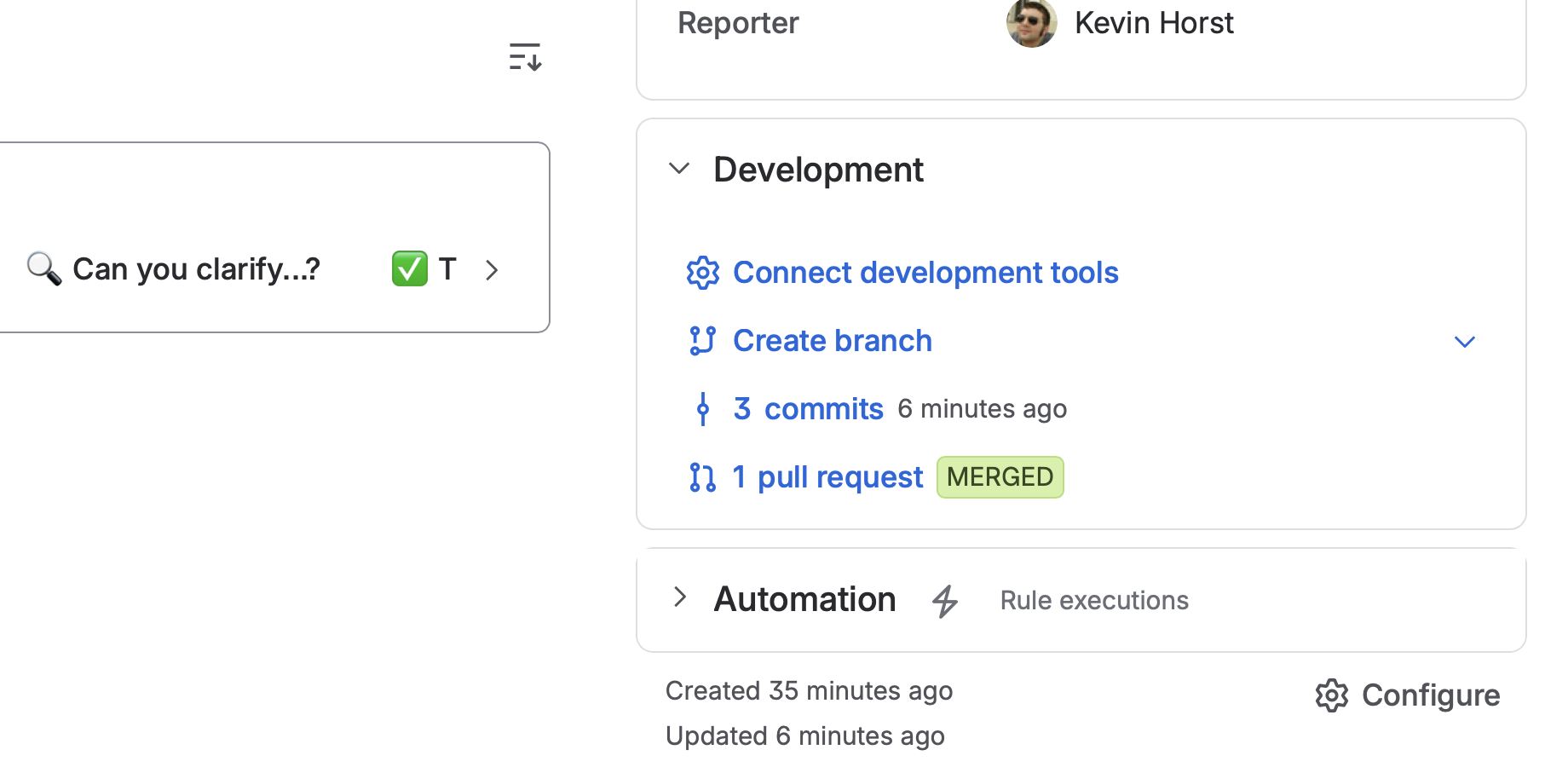 Forgejo and Codeberg activity appears in the Jira development panel. Each work item shows its commits, branches and pull requests, linked by issue key, like the built-in GitHub and GitLab integrations.