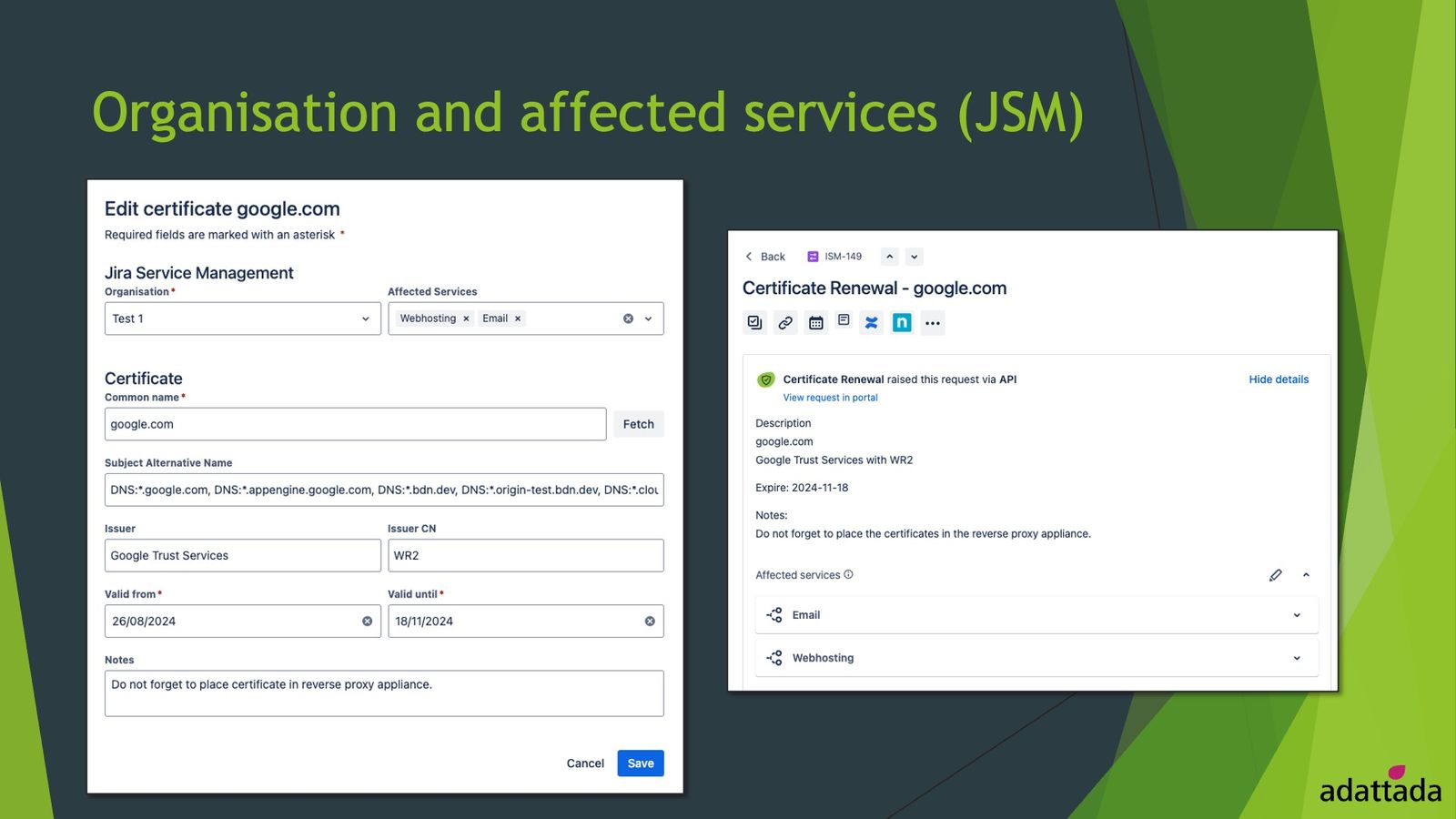 Details of a certificate and how a created issue may look like.