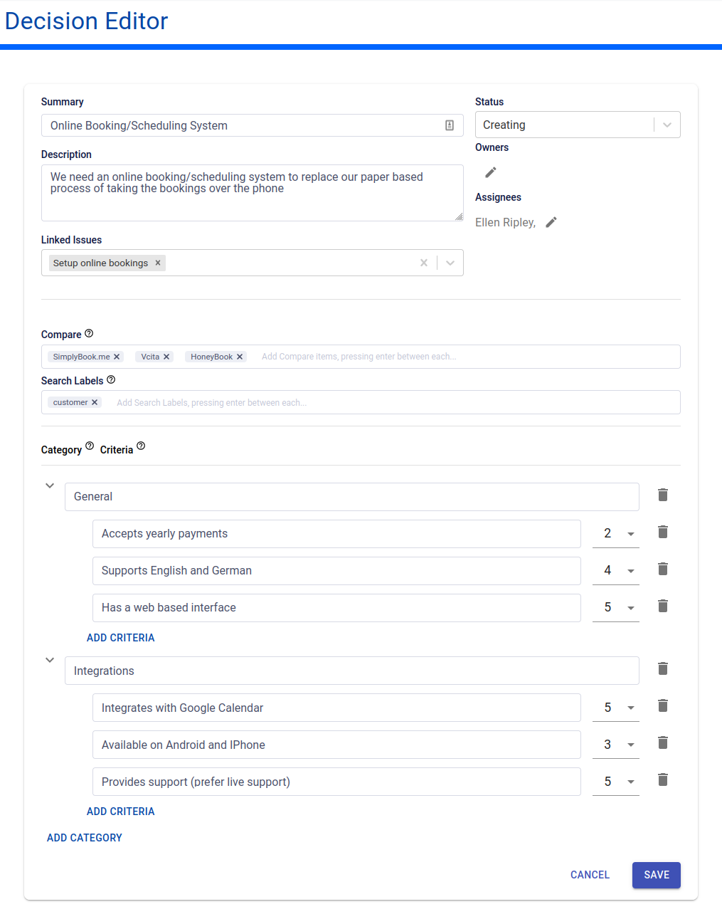 Decision Editor page