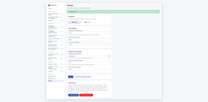 Settings: switch between English and German, connect the Jira project and issue types, set the submission deadline and reminder, or load the Nordpay demo register.