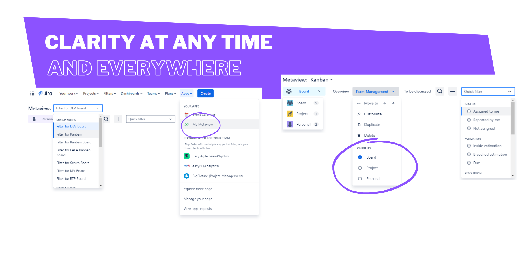 Receive a Metaview on projects, boards, dashboards, issues, globally and personally – everywhere.