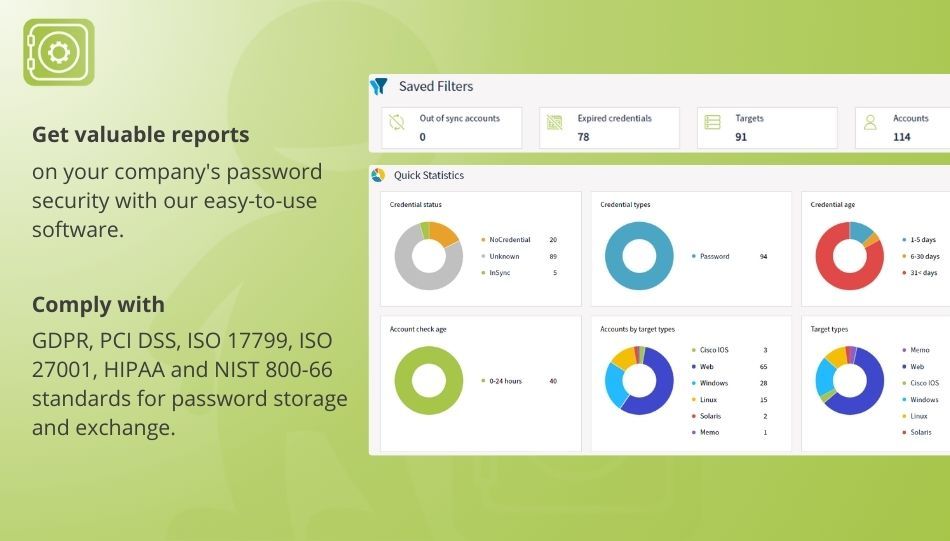 Get valuable reports on your company's password security with our easy-to-use software. Comply with GDPR, PCI DSS, ISO 17799, ISO 27001, HIPAA and NIST 800-66 standards for password storage and exchange.