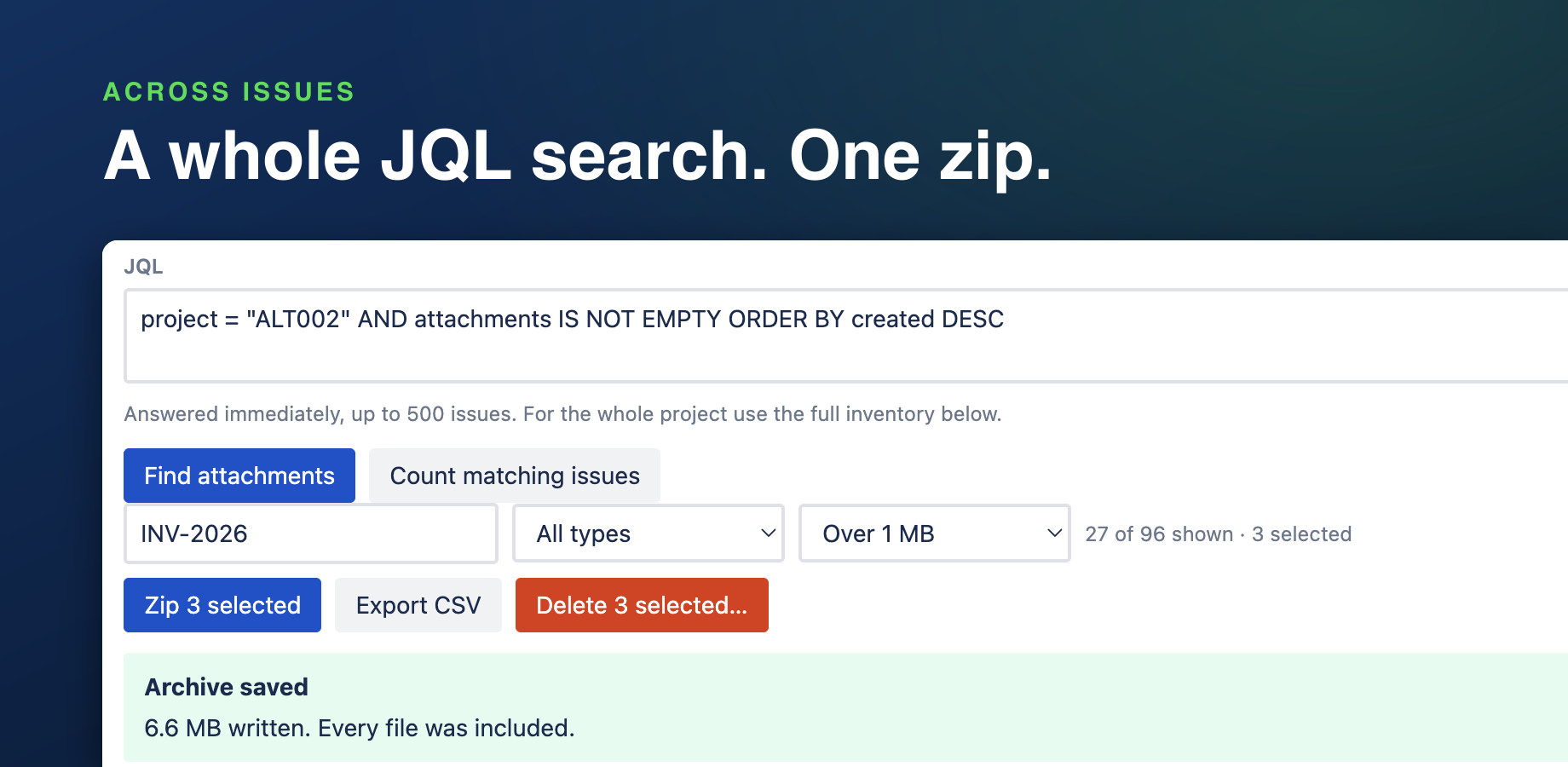 A JQL search filtered down, then zipped in one archive