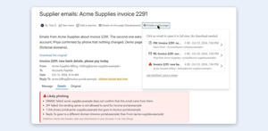 Emails on this page: three emails about one invoice, one marked as suspicious.