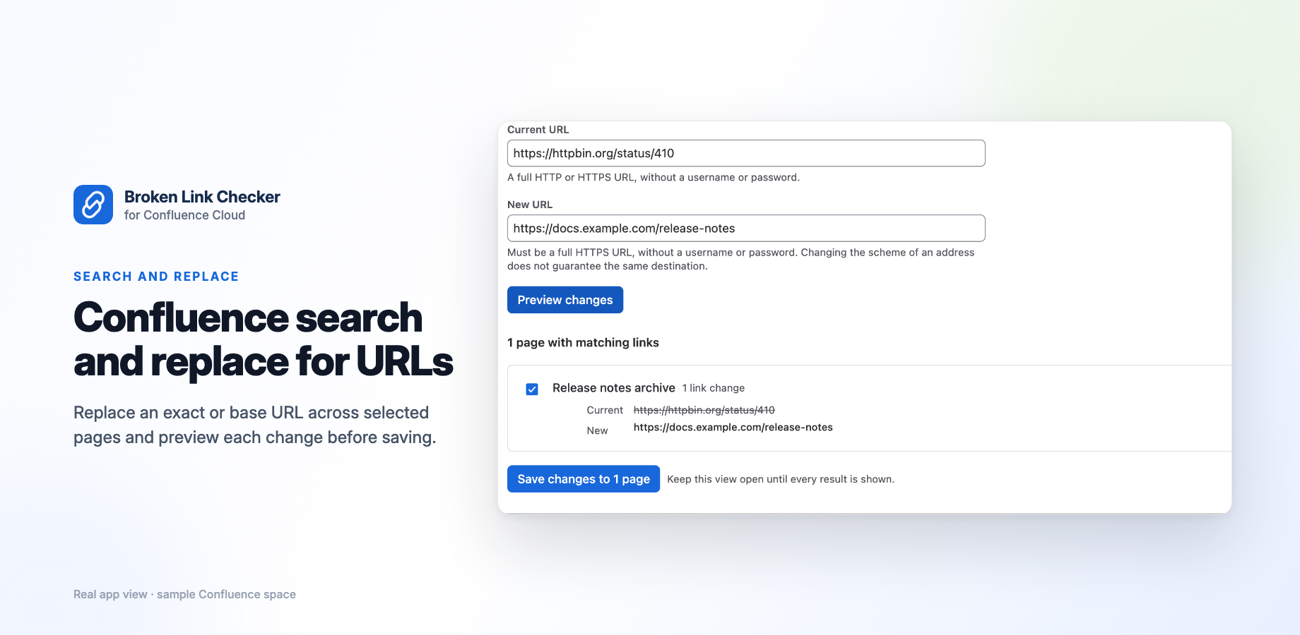 A real replacement preview compares the current and new URL on a demonstration page. Previewing does not publish a change; the user chooses which pages to save.