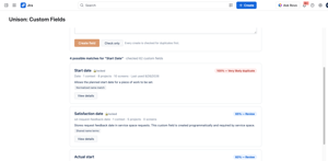 Checking a new Start Date field: Unison ranks Jira's existing Start date as a very likely duplicate and flags related date fields to review, with the contexts, projects and screens each already uses.