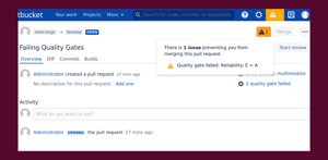 The merge check based on SonarQube™ quality gates can prevent merging pull requests which violate the configured quality thresholds.