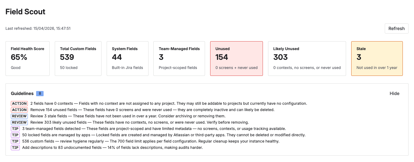 Dashboard with health score, field status cards, and cleanup guidelines organized by priority as Actions, Reviews, and Tips