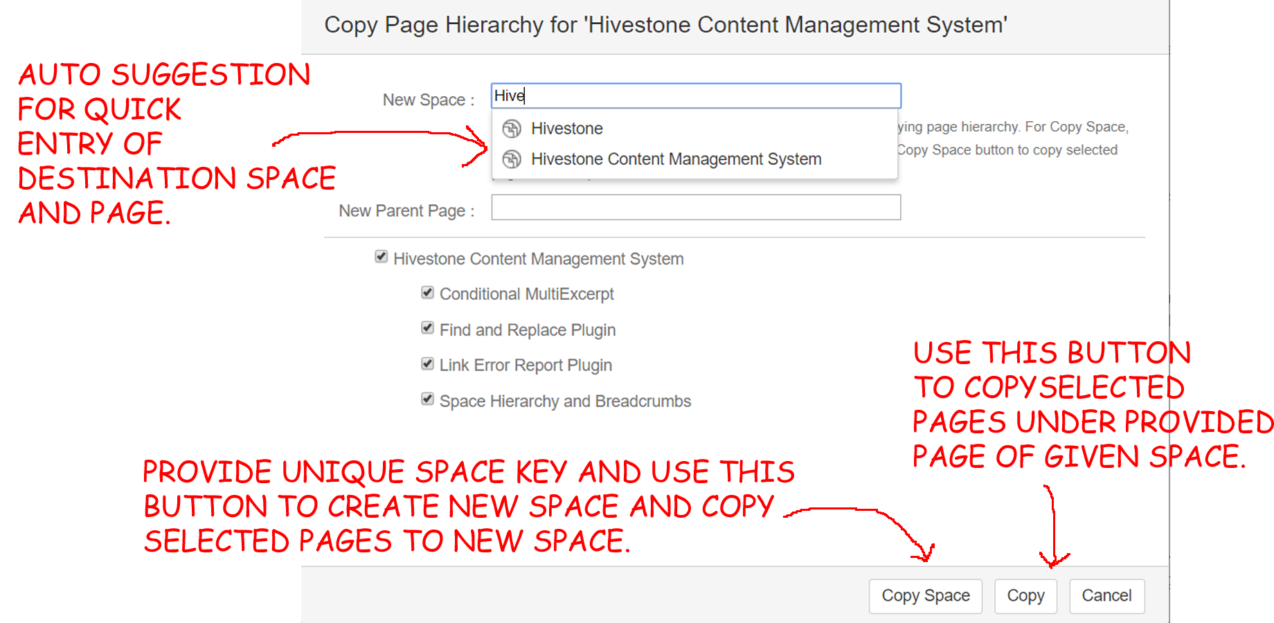 Auto-suggestion for destination space and page