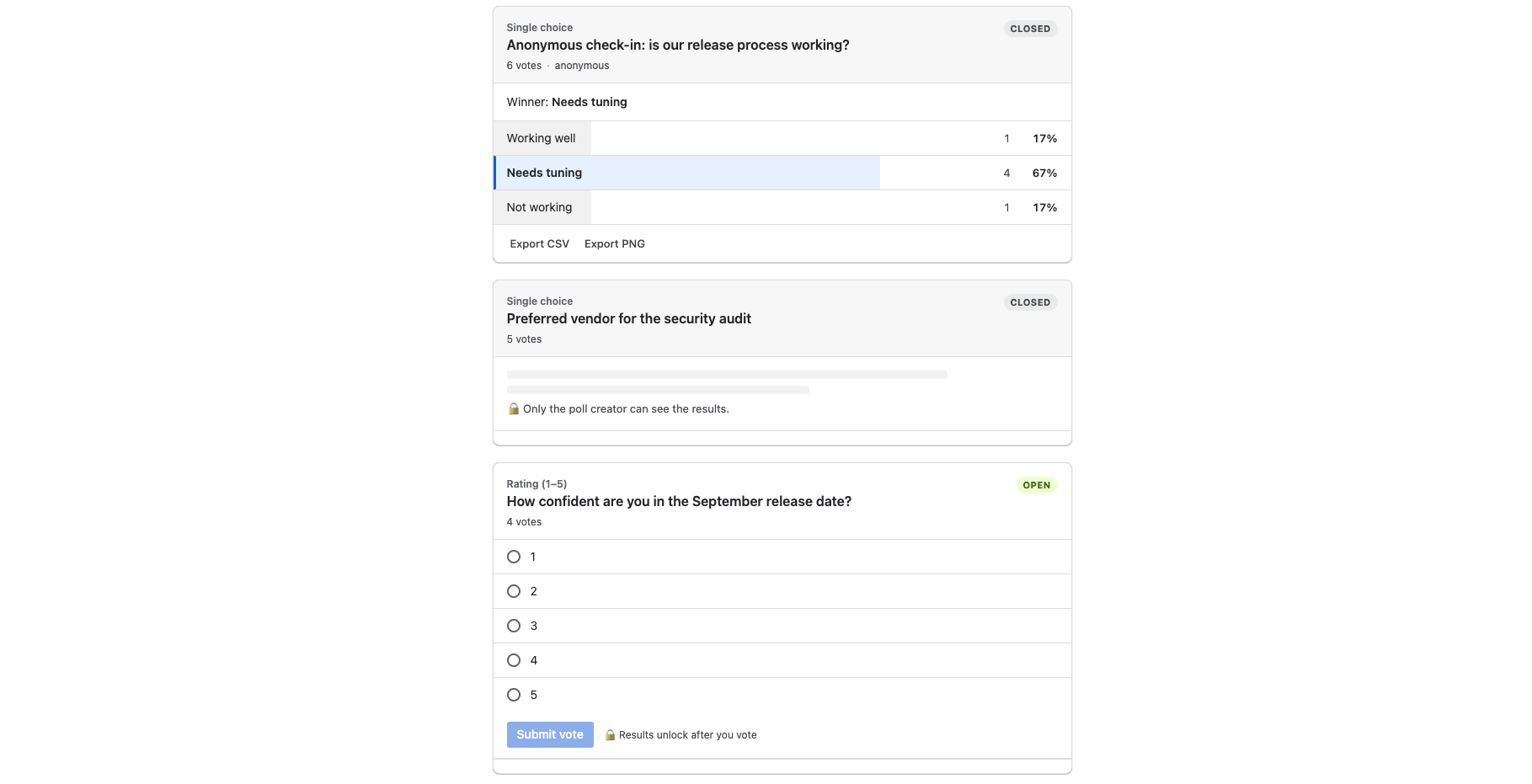 Results stay locked until you cast your vote — one of several visibility modes, alongside anonymous voting and creator-only results.