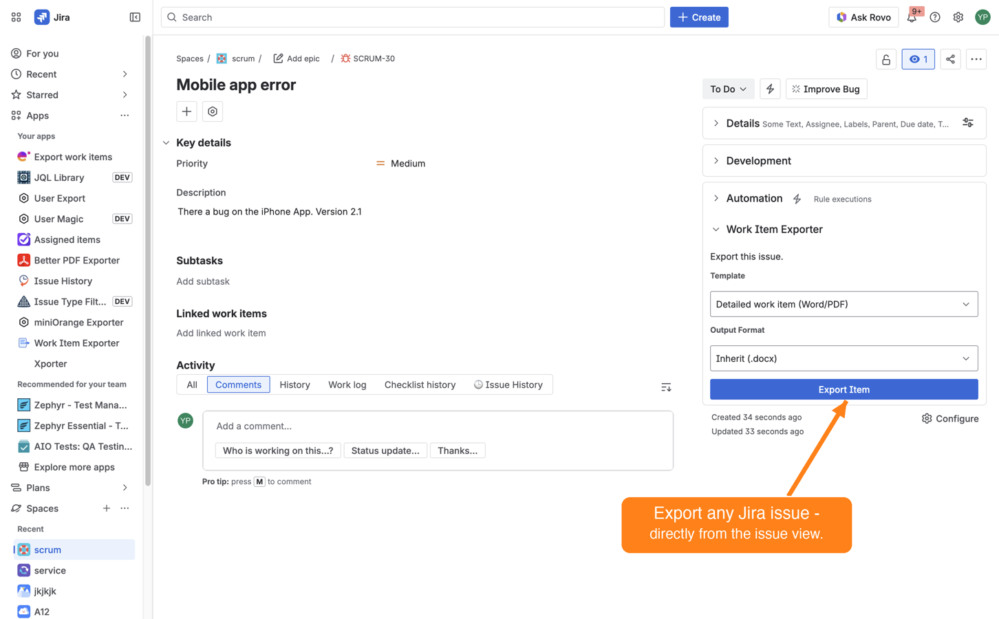 Export any Jira issue - directly from the issue view.