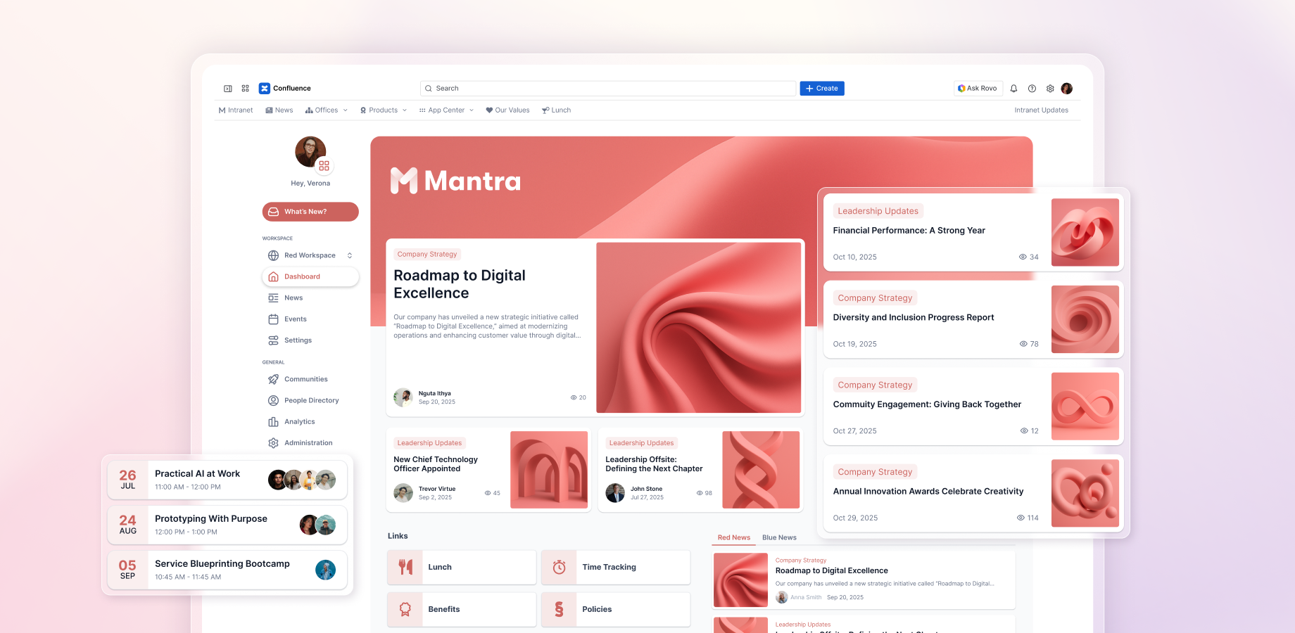 Screenshot showing various Mantra dashboard layouts with widgets for news, events, polls, celebrations, and social feeds – fully customizable to match your corporate branding.
