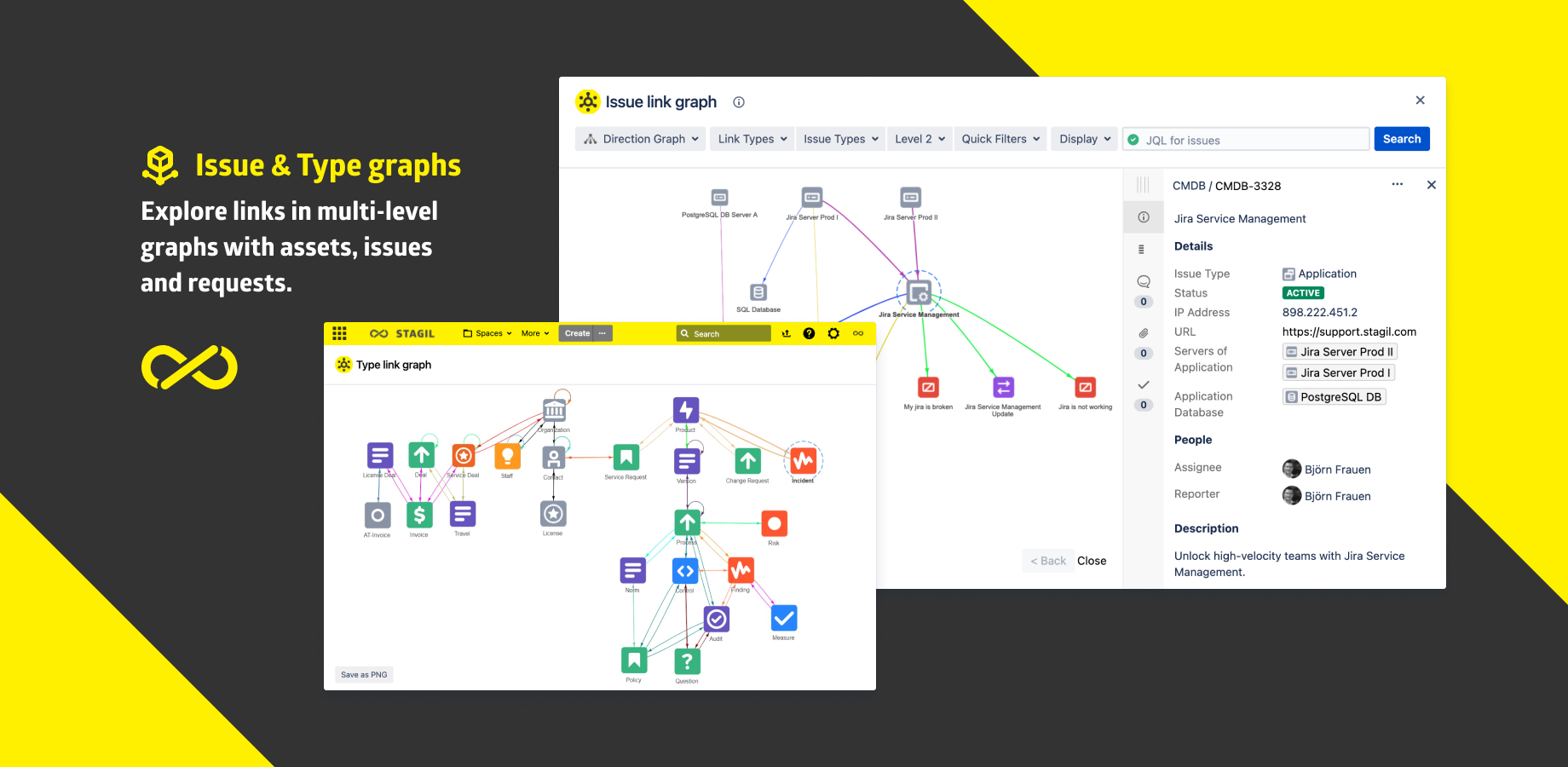 Visually create your business data model inside Jira similar to the Jira workflow designer. Explore your issue links and drill through different dependency levels.