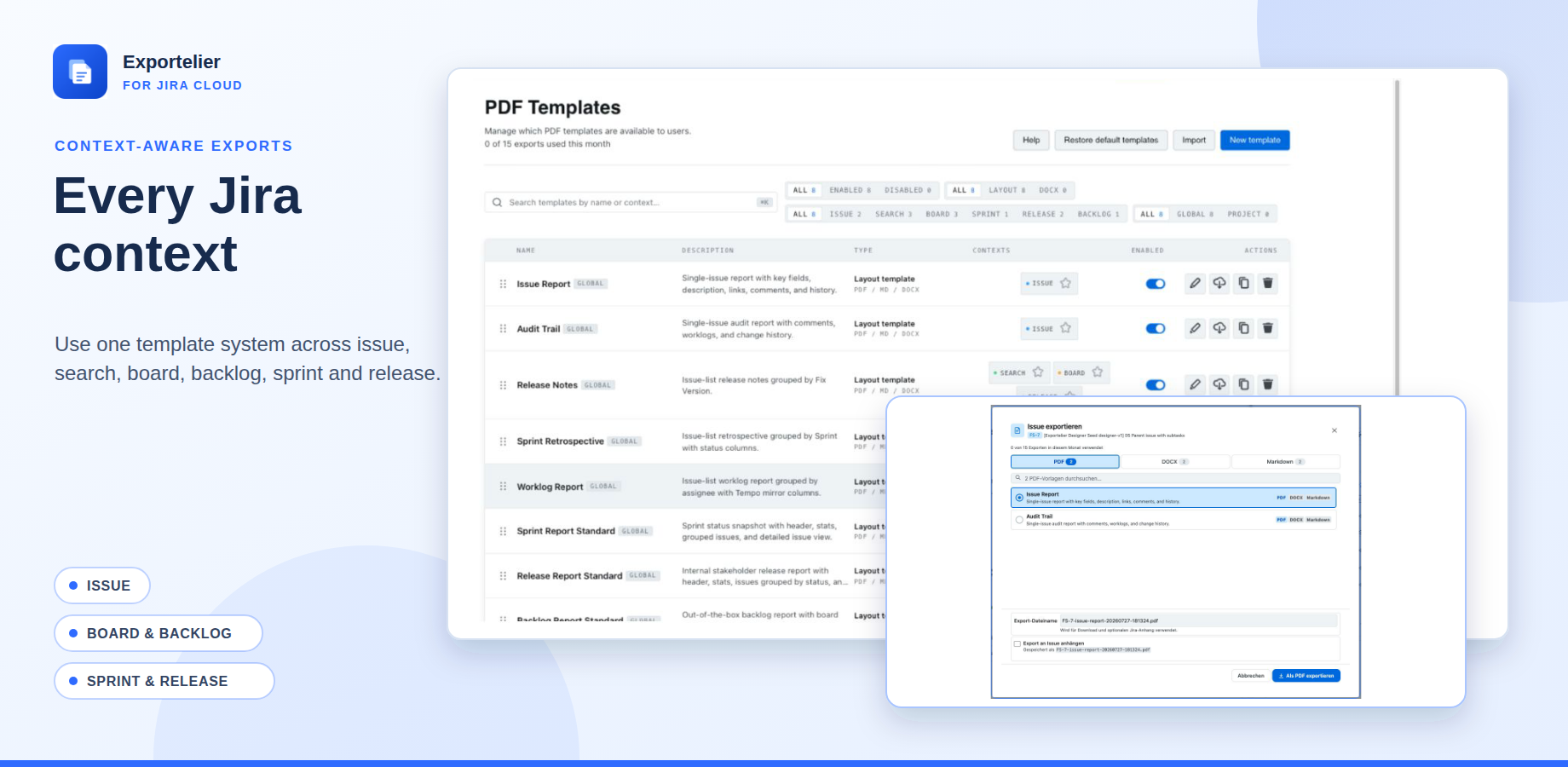 The template list with context filters, and the export dialog with format and template choice.