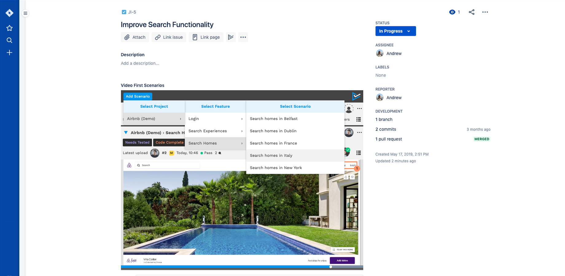 Panel for adding scenarios to a Jira ticket, allowing test progress to be tracked from Jira.