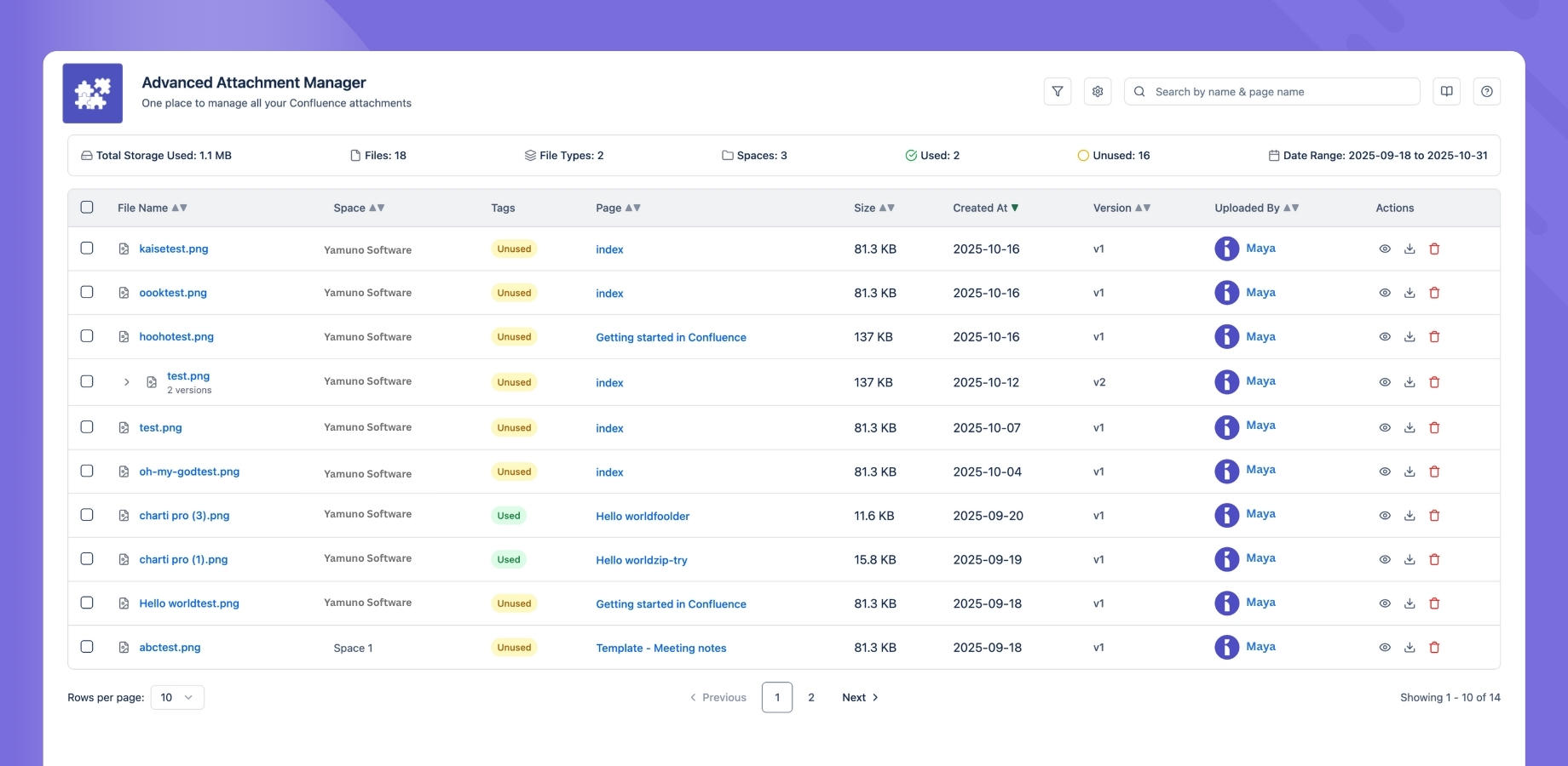 Quickly locate and act on files with powerful filters by space, page, uploader, tags, or type — all from one clean, user-friendly interface