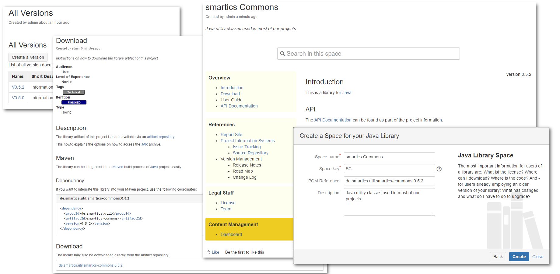 Right: Create a new space using a space wizard. The new space provides properties imported from the referenced POM.
Left: A view on different versions and an example of a download page created from the POM.