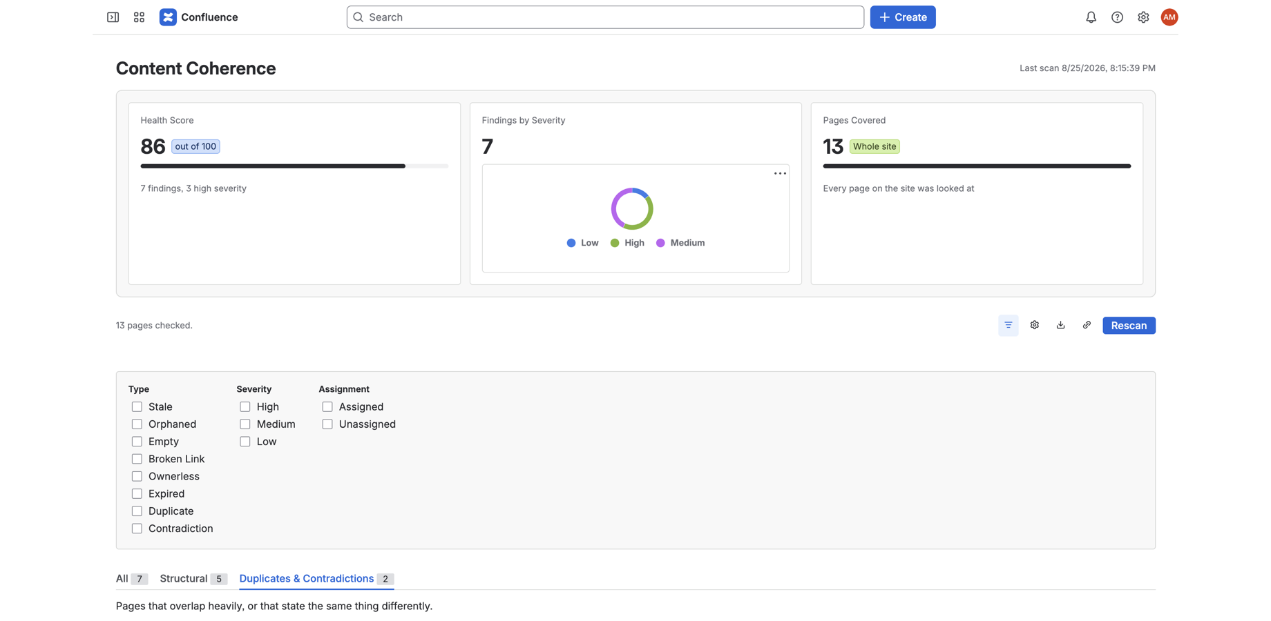 A space scoring 86 out of 100 with seven findings, and the filter panel listing all eight checks the app runs.