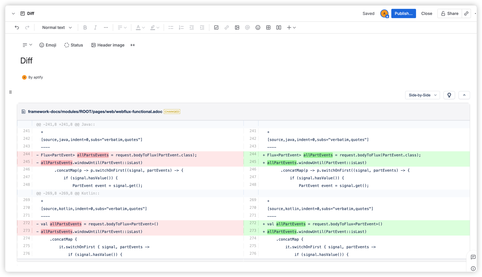 Side-by-side diff view displaying code changes with color-coded additions and deletions. Supports syntax highlighting, collapsible sections, and multiple view modes for optimal readability.