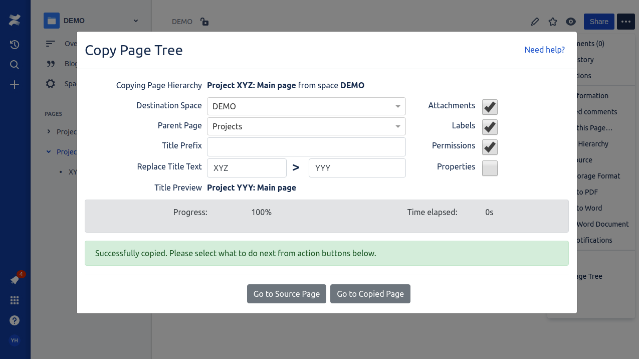 See the copy progress - ​See the page hierarchy copy progress percentage and time taken. Easily navigate to created pages.