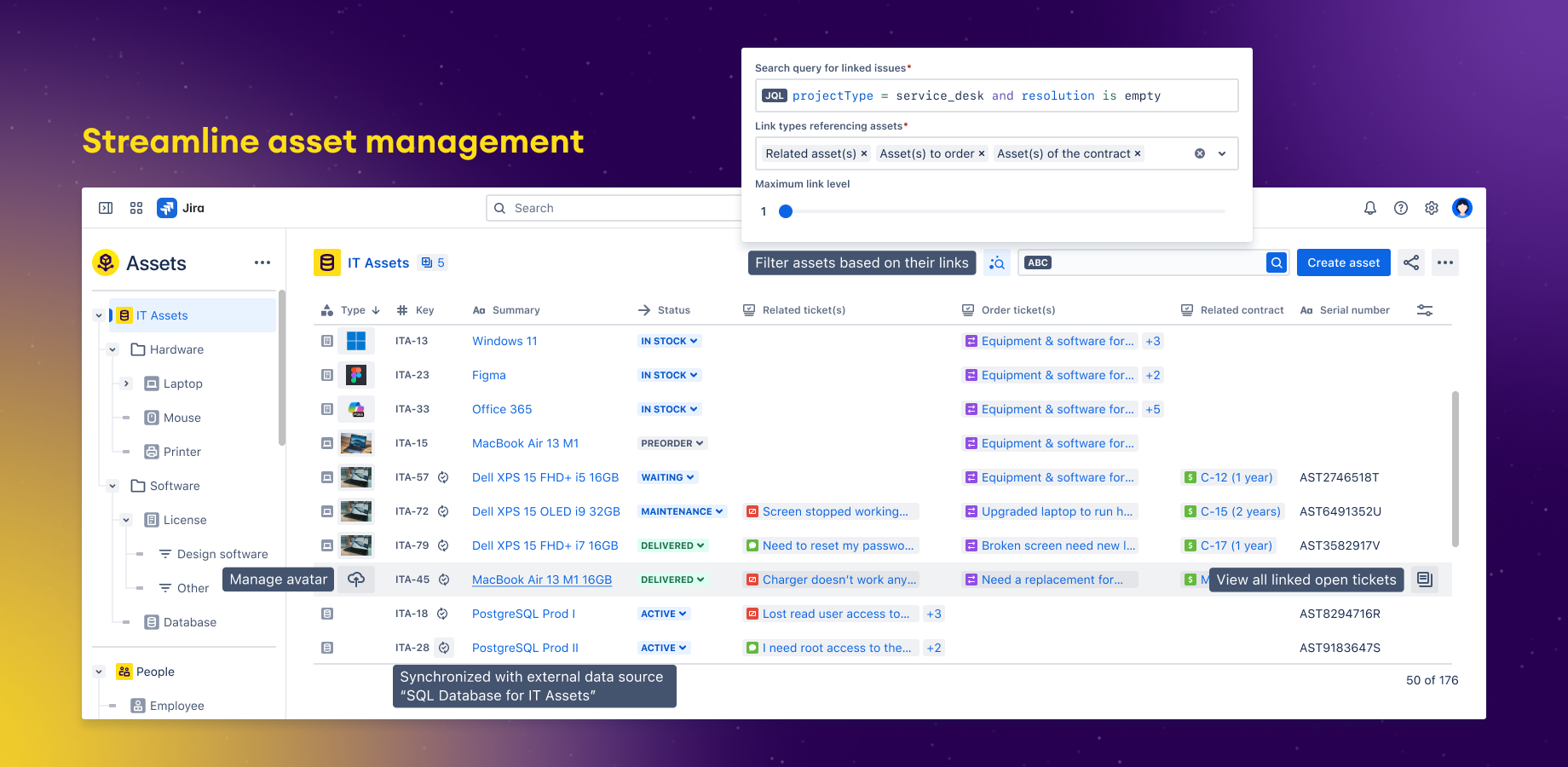 Manage IT assets, hardware, software licenses & more. Search by links, track dependencies & relations. Configure avatar images, sync with external databases, bulk edit fields, print QR codes & oversee service requests.