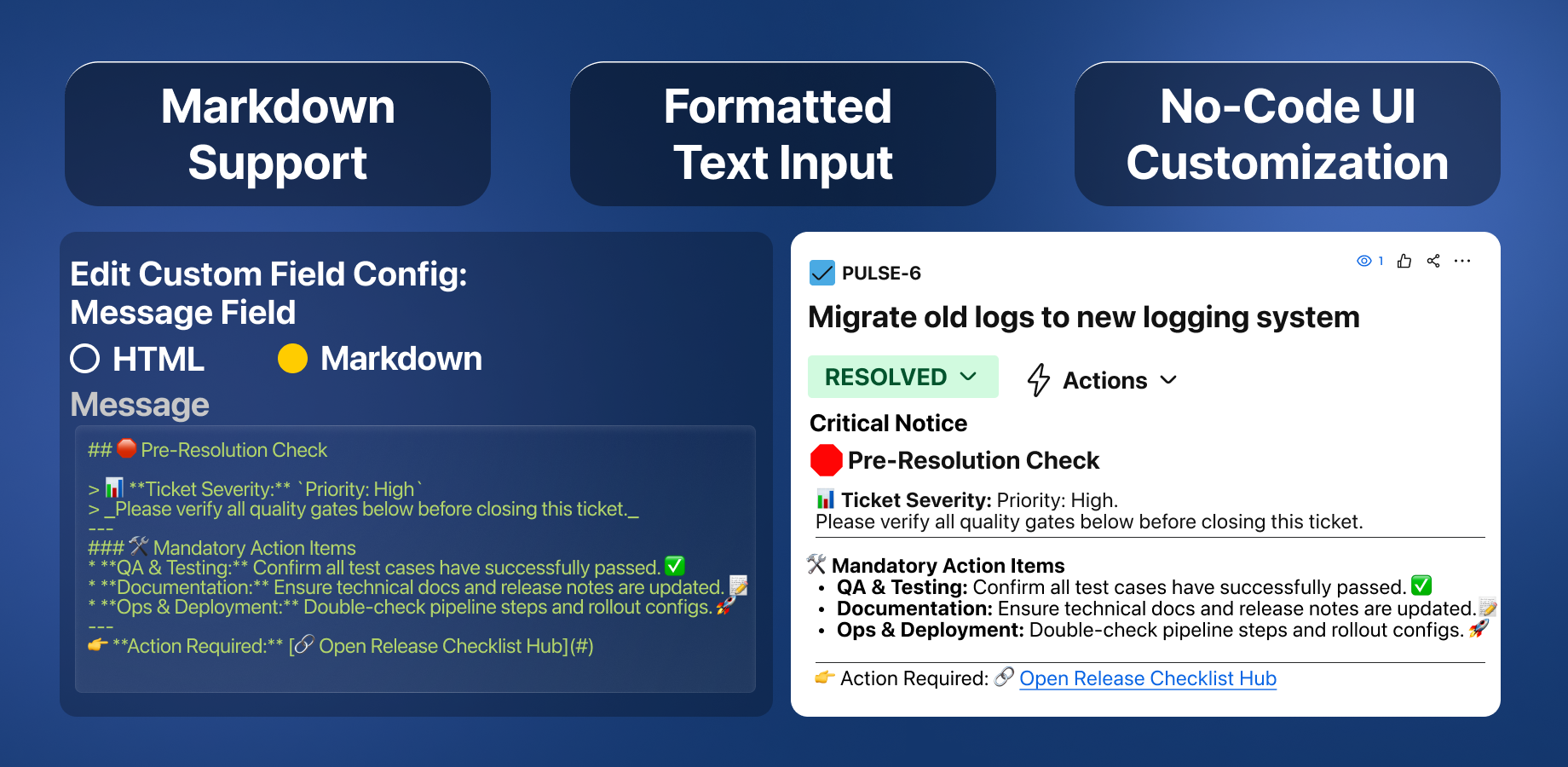 Custom field configuration displaying Markdown input with an embedded Jira Expression, simplifying the creation of dynamic and readable messages.