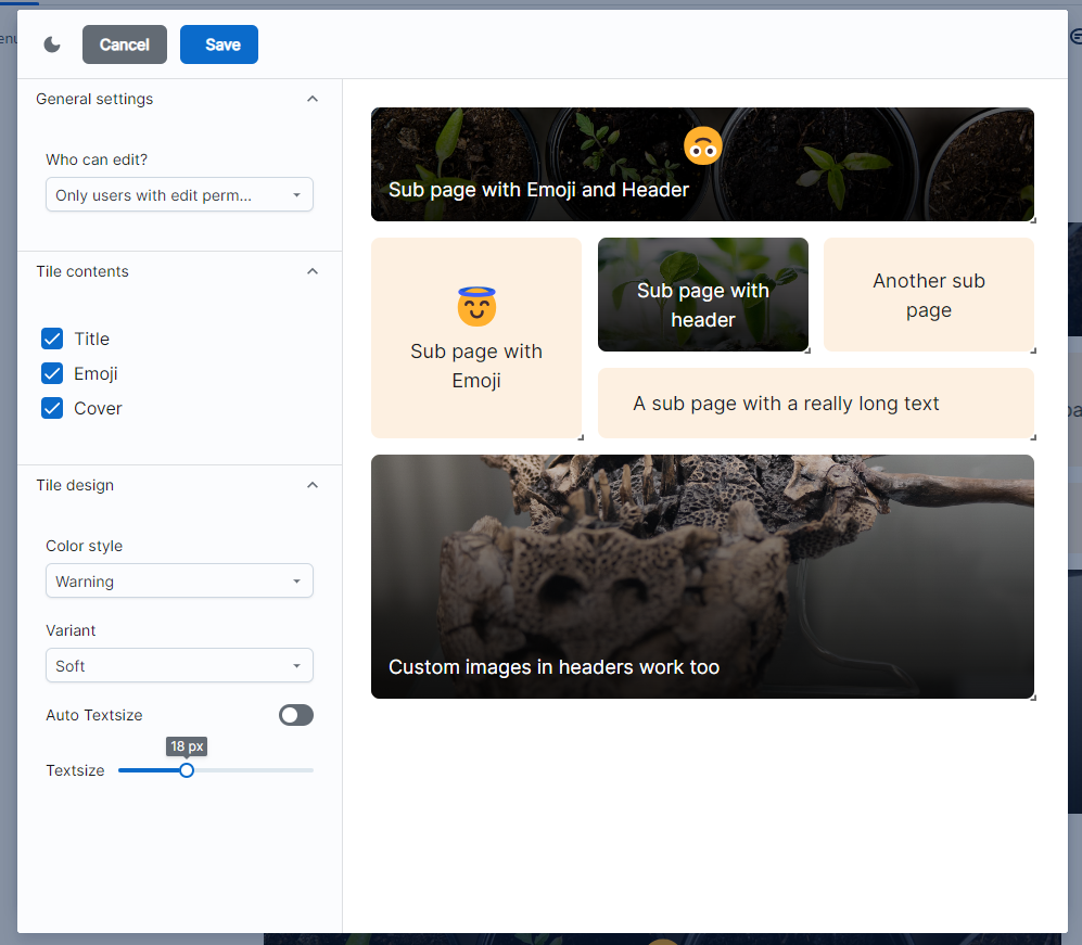 Dive into TileMenu's configuration options, where you can select the contents and style of each tile. From header images to emojis, create a Confluence space that's as unique as your team.